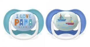 PHILIPS AVENT 2 бр. Ортодонтични залъгалки Ultra Air Happy 6-18м. с декорация Надпис и Лодка в кутия за стерилизиране