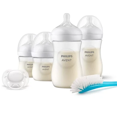 PHILIPS AVENT Комплект за новородено с 4 шишета за хранене Natural Response с биберони без протичане, залъгалка Ultra Soft и четка за почистване