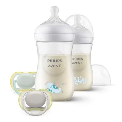 PHILIPS AVENT Подаръчен комплект за бебе Philips AVENT SCD837/11 Октоподи с 2 бр. шишета за хранене Natural Response 260 мл с биберони без протичане Поток 3 и 2 бр. залъгалки Ultra Air, 1м+