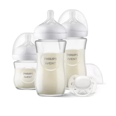 PHILIPS AVENT Подаръчен комплект за бебе с 3 стъклени шишета за хранене Natural Response с биберони без протичане и залъгалка