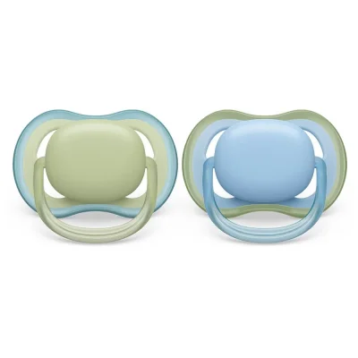 PHILIPS AVENT Комплект от 2 бр. ортодонтични залъгалки Ultra Air 0-6м, синьо и зелено, в кутия за стерилизиране