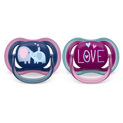 PHILIPS AVENT Комплект от 2 бр. ортодонтични залъгалки Ultra Air 18м+, синя с декор Слонове и розова с надпис Love, в кутия за стерилизиране