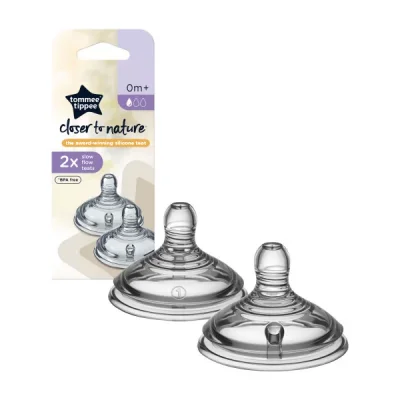 TOMMEE TIPPEE Комплект от 2 броя Биберони Closer to Nature Slow, бавен поток, 1 капка, подходящи за новородени и бебета на възраст до 3 месеца