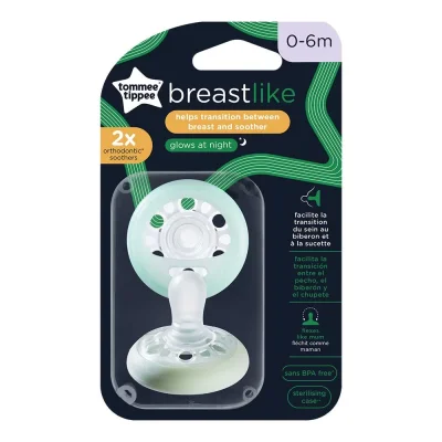 TOMMEE TIPPEE Комплект от 2 броя ортодонтични залъгалки Breast-Like NIGHT 0-6м, с кутия за стерилизиране и хигиенично съхранение