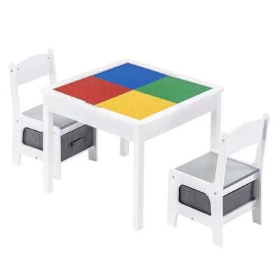 GINGER Детска Маса с 2 столчета, двустранна, комплект от дърво за учене, рисуване, писане, редене на конструктори тип LEGO - White/Gray