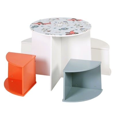 GINGER Детска дървена маса, кръгла с 4 стабилни столчета, комплект с компактен дизайн - Dogs