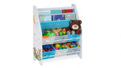 GINGER Секция за детска стая, етажерка за книги и Играчки, органайзер от дърво с 6 текстилни кутии за съхранение - Forest