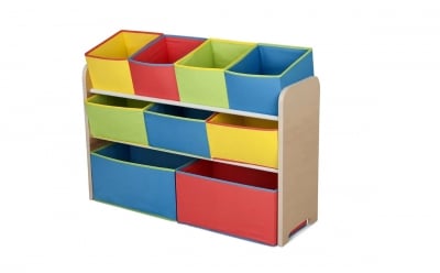 GINGER Детски Дървен органайзер, етажерка, шкаф, секция за съхранение на играчки и книжки - 3 нива с 9 текстилни кутии - Colors