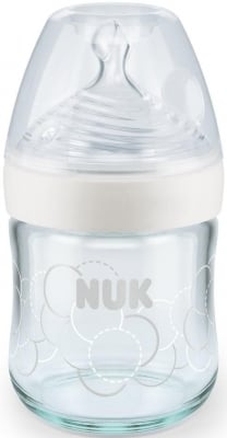 NUK Стъклено шише със силиконов биберон Nature Sense 120 мл. (0-6м.) - бял