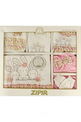 Комплект за изписване 10 части зайчета с цветчета - бяло/розово