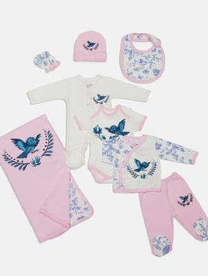 Бебешки комплект за изписване - розово със сини птички