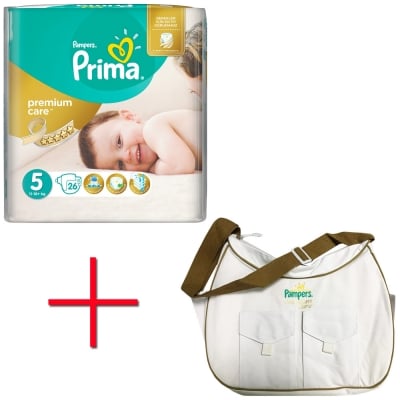 PAMPERS Промо пакет PRIMA PREMIUM CARE 5 Пелени (11-18+кг.) 26 броя + Чанта