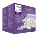 PHILIPS AVENT Комплект за кърмене с ръчна помпа за кърма Natural Motion, стерилизатор за микровълнова, шишета Natural Response 2 бр. от 125мл и 2 броя от 260мл, 2 бр. залъгалки 0-6м, 4 биберона Natural Response, четка