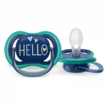 PHILIPS AVENT Комплект от 2 бр. ортодонтични залъгалки Ultra Air 18м+, синя с декор Слонове и зелена с надпис Hello, в кутия за стерилизиране