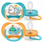 PHILIPS AVENT 2 бр. ортодонтични залъгалки Ultra Air Animals 6-18м с декорация Пингвин и Костенурка в кутия за стерилизиране