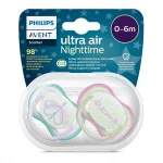 PHILIPS AVENT 2 бр. светещи в тъмното ортодонтични залъгалки Ultra Air Night 0-6м с декорация Пеперуда и надпис Dreams, в кутия за стерилизиране и пренасяне