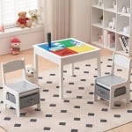 GINGER Детска Маса с 2 столчета, двустранна, комплект от дърво за учене, рисуване, писане, редене на конструктори тип LEGO - White/Gray