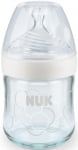 NUK Стъклено шише със силиконов биберон Nature Sense 120 мл. (0-6м.) - бял