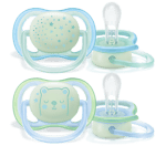 PHILIPS AVENT Ортодонтични залъгалки Ultra Air Night + стерилизаторна кутия (0-6м) нощни с декорация - синьо/зелено 2 бр./оп.